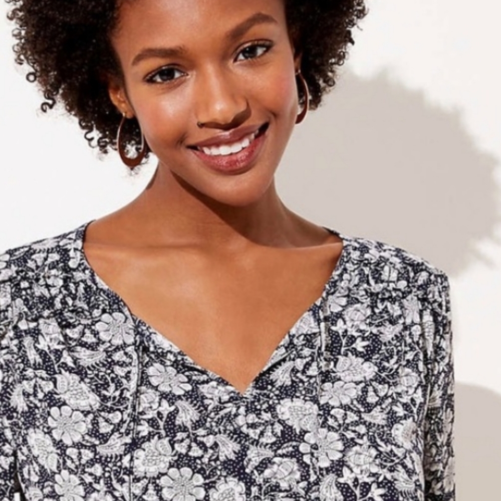 LOFT navy & white floral mix media boho tie-neck blouse
